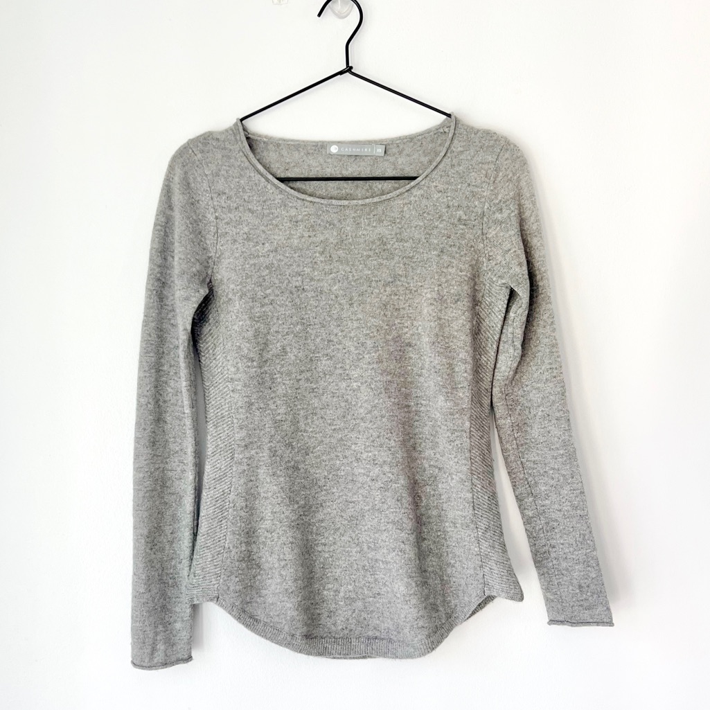 Incashmere Roll Neck Ribbed Side Cashmere Sweater Knit Top Gray Extra Small